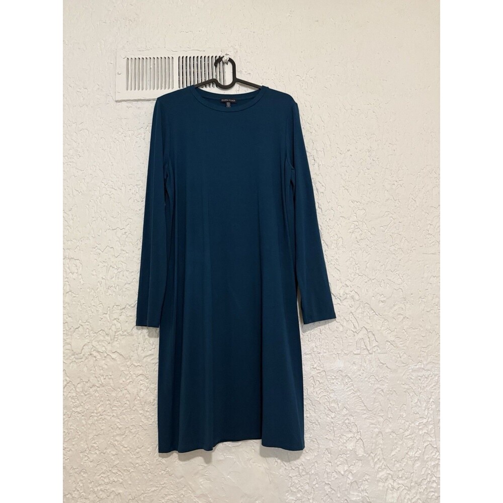 Eileen Fisher Teal Blue Viscose Jersey  Long Sleeve  Midi Dress Lagenlook SZ M